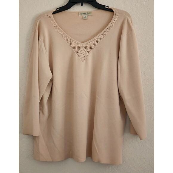 SWEATER-COLDWATER CREEK-Lightweight-Tan-V-Neck-3/4 Sleeve-Lace detail-Size 2XL - Picture 1 of 13